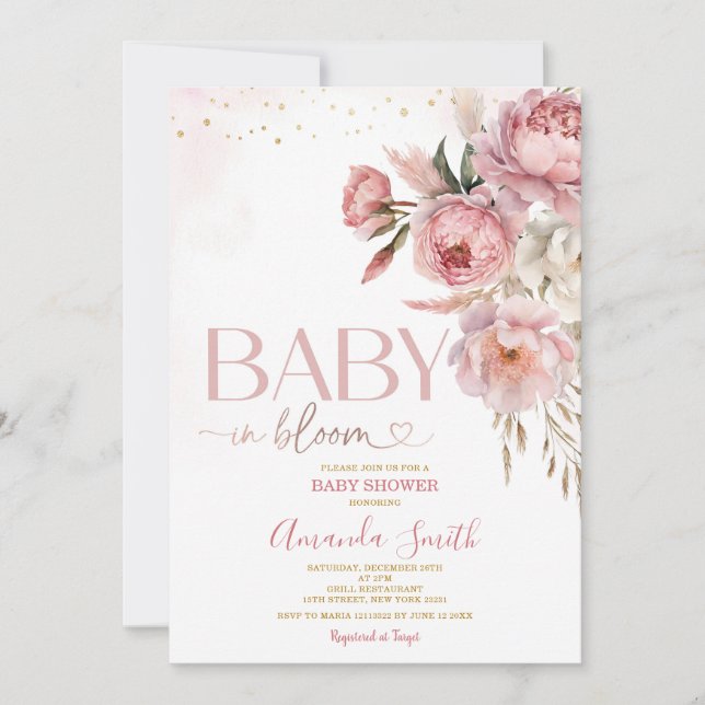 Boho Baby in Bloom Pink Roses Blume Babydusche Einladung (Vorderseite)