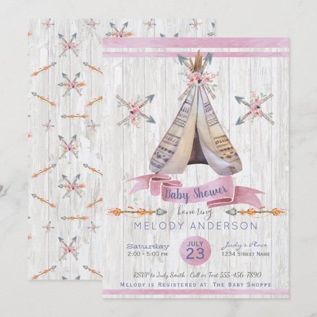 Boho Baby Pink Girl Babydusche Einladung (Vorne/Hinten)