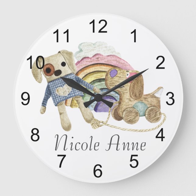 Boho Baby Room Kinderzimmer Toys Wasserfarbname Große Wanduhr (Vorderseite)