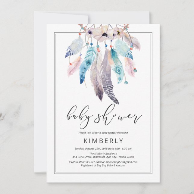 Boho Baby Shower Dreamcatcher Floral Tribal Einladung (Vorderseite)