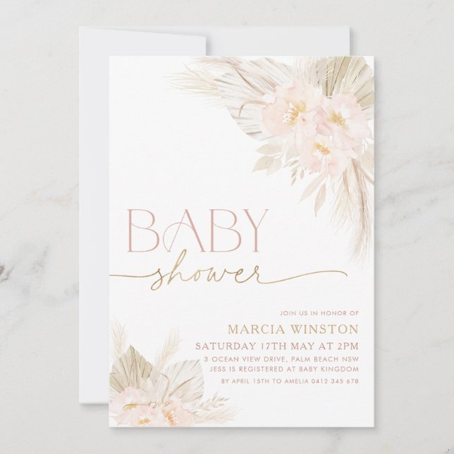 Boho Baby shower Invitation Floral Rose clair (Devant)