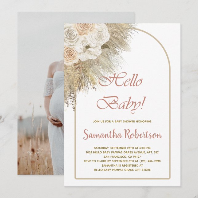 Boho Baby Shower Pampas Grass Botanisches Foto Einladung (Vorne/Hinten)
