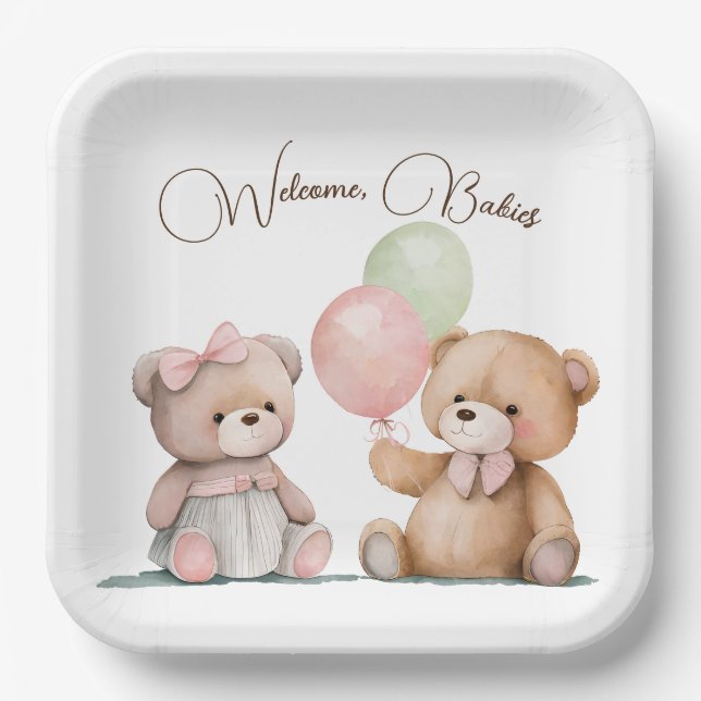 Boho Baby Twin Teddy Bears Pappteller (Vorderseite)