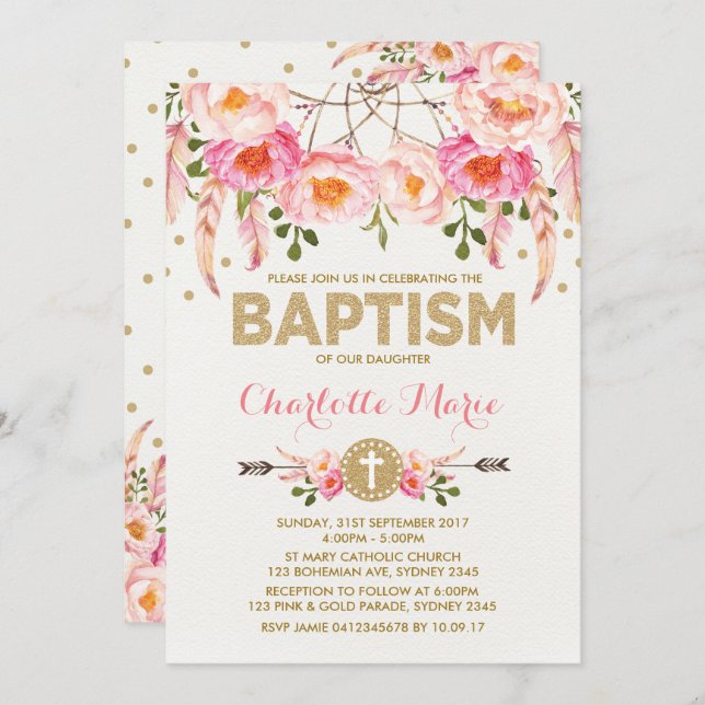 Boho Baptism Invitation rose or Floral Dreamcatche (Devant / Derrière)