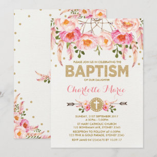 Boho Baptism Invitation rose or Floral Dreamcatche