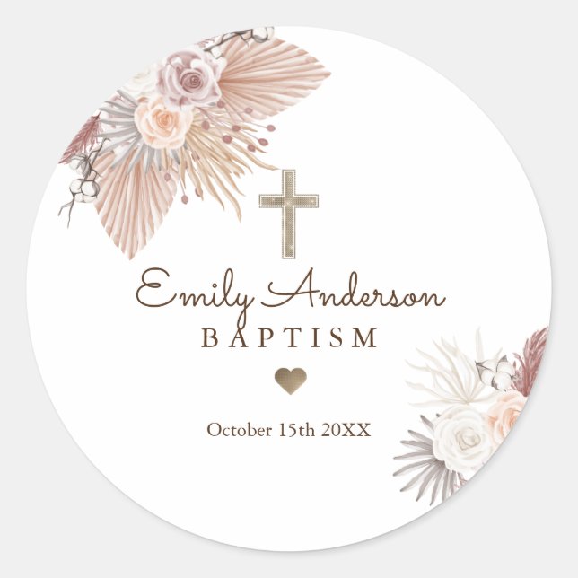 Boho Baptism Pampas Grass Christening Favor Runder Aufkleber (Vorderseite)