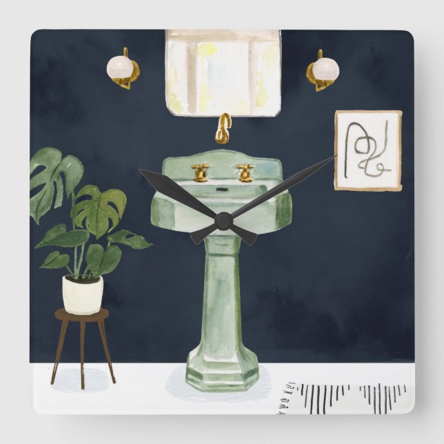 Boho Bath Sinks II Quadratische Wanduhr (Vorderseite)