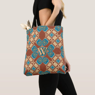 Boho Batik Cool Earth Blue Brown Muster Monogram Tasche