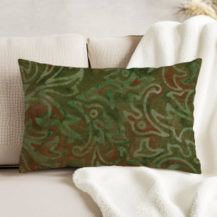 Boho Batik Grün und Rost Blattmuster Dekokissen