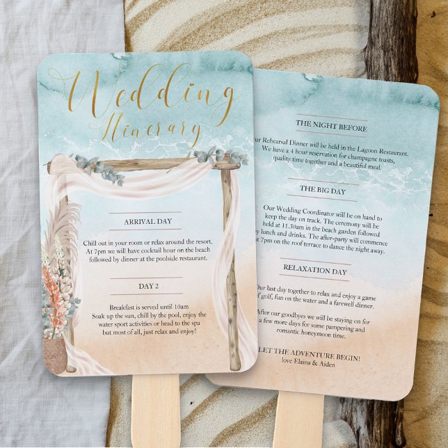 Boho Beach Arbor Ocean Wedding Itinerary Fächer (Beach destination wedding itinerary hand fans with boho wedding arbour - Boho Beach Collection)