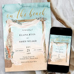 Boho Beach Arbor Watercolor Shore Wedding Einladung<br><div class="desc">Boho Beach Hochzeit Einladung mit rustikalem Laub, elegante Goldkalligraphie und Aquarellufer. Dieses schöne Design hat einen Sandstrand, einen schicken Boheme Hochzeitsbogen im Böhmerstil mit Vile und Eukalyptus mit einem Korb aus Pampasgras und tropischen Blume. "on the beach" ist handschriftlich und die Vorlage ist bereit, um die restlichen Einladungsdetails hinzuzufügen. Wunderschönes...</div>