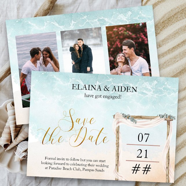 Boho Beach Arbor Wedding 3 Foto Save The Date (3 Photo Ocean Beach Themed Save the Date with gold calligraphy - Boho Beach Collection)