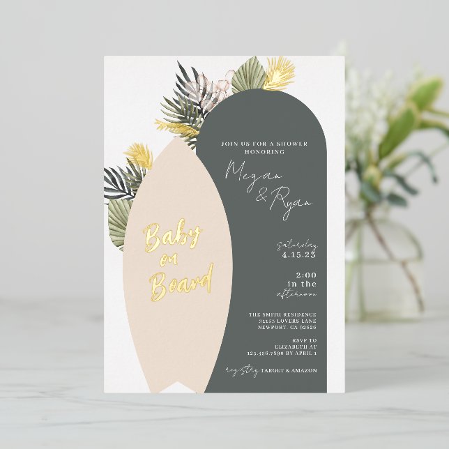 Boho Beach Baby an Bord Baby Dusche Folieneinladung (Stehend vorne)
