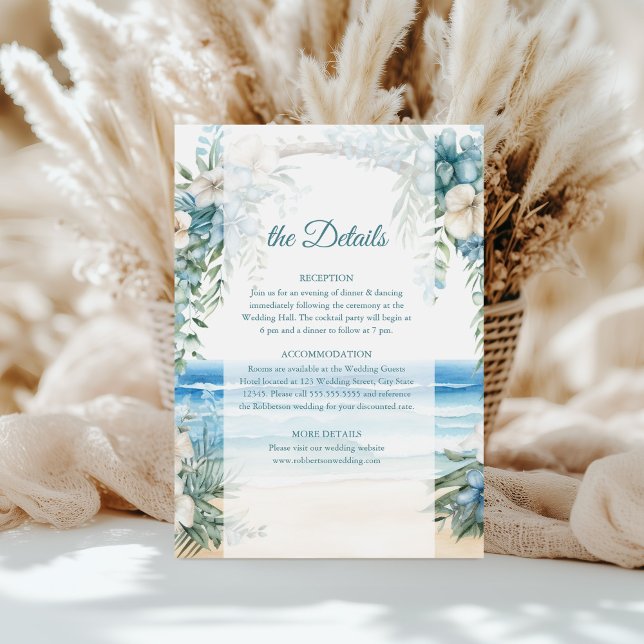 Boho Beach Blue Floral Arch Wedding Details Card Einladung (Boho Beach Blue Floral Arch Wedding Details Card on a table in front of white pampas grass.)