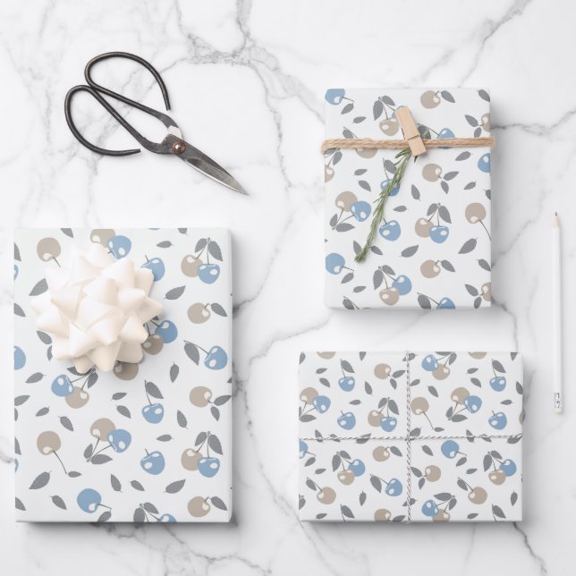 Boho Beach Cherries - beige blaue Fruchtmuster. Geschenkpapier Set (Vorderseite)