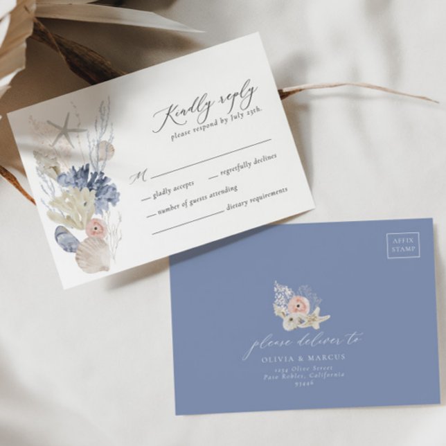 Boho Beach Elegante Romantic Blue Wedding RSVP Car (RSVP Card Front/Back)