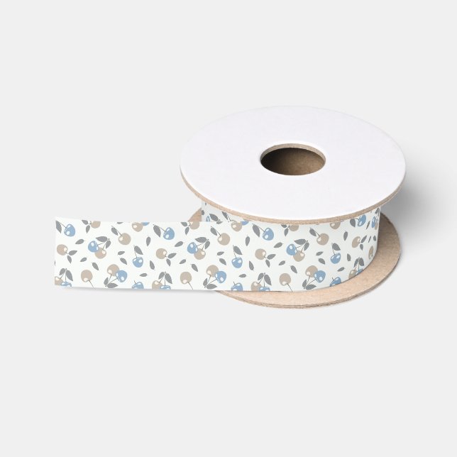 Boho Beach Kirschen - beige blaues Fruchtmuster. Satinband (Spule)