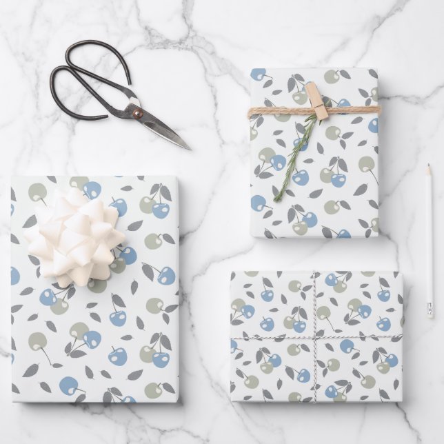 Boho Beach Kirschen - Salbei-blaues Fruchtmuster. Geschenkpapier Set (Vorderseite)