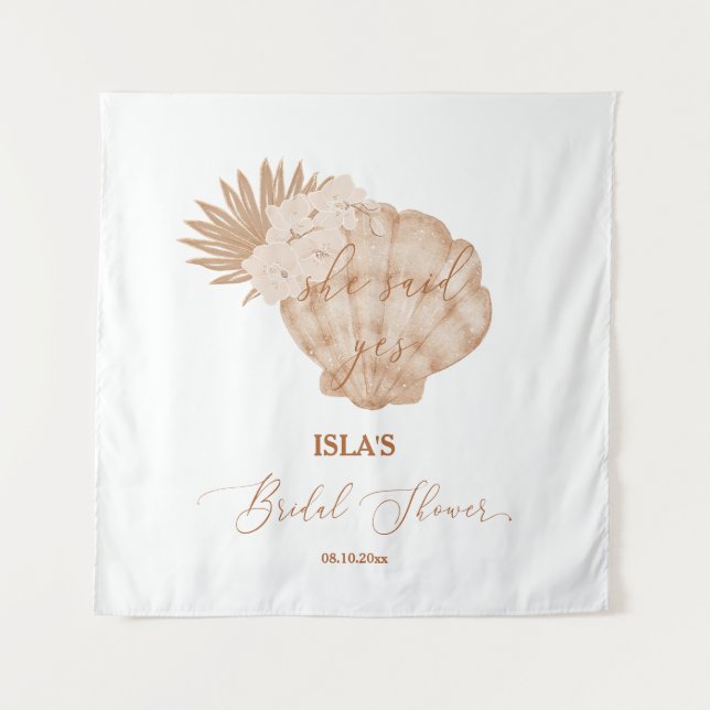 Boho Beach Seashell Brautparty Foto Hintergrund Wandteppich (Vorderseite)