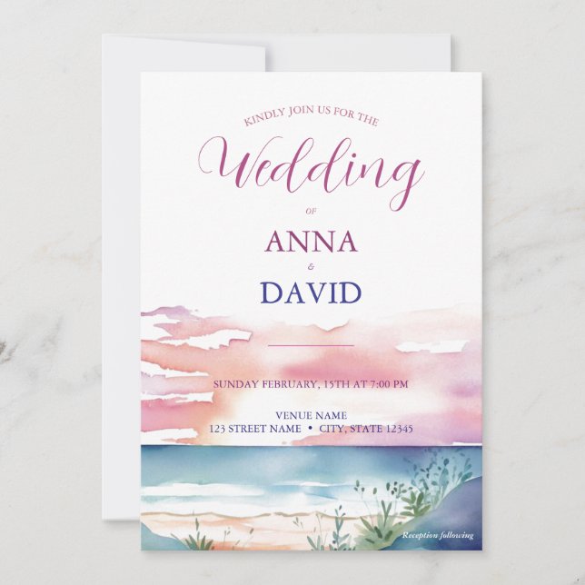 Boho Beach Sunrise Wasserfarbe Hochzeit in Urlaubs Einladung (Vorderseite)