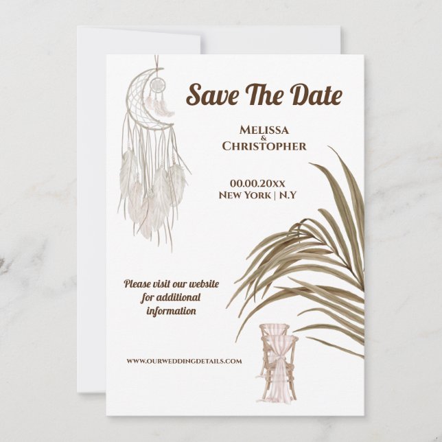 Boho Beach Traumfänger Hochzeitskleid chic Save The Date (Vorderseite)