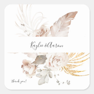 Boho Beach Tropical Beige Floral Vielen Dank Quadratischer Aufkleber