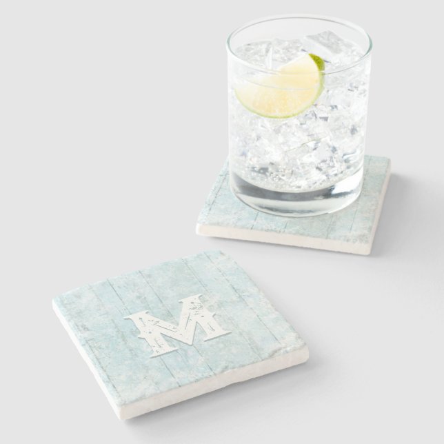 Boho Beach Wood Rustic Monogram Coastal Modern Steinuntersetzer (Seitenansicht)