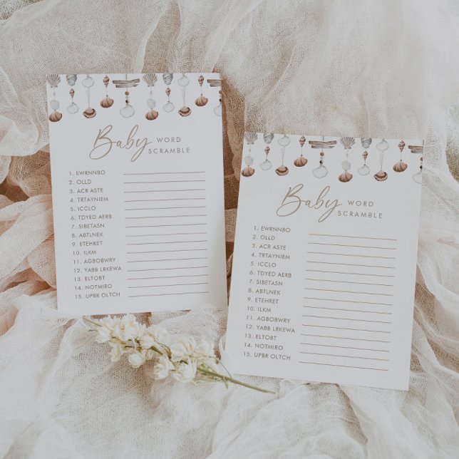 Boho Beach Word Scramble Baby Showspiel Einladung (Zazzle Boho Beach Shell Wishes for Baby Card)