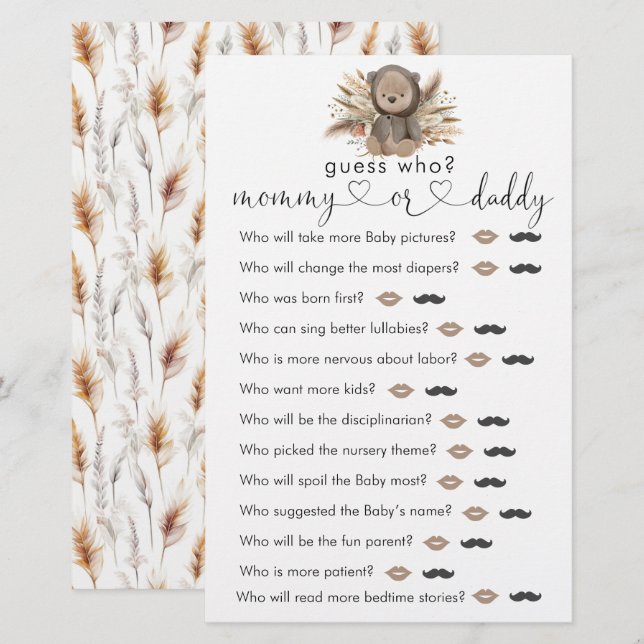 Boho Bear Baby Dusche "raten Sie, wer" Spiel (Vorne/Hinten)