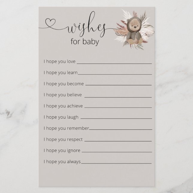 Boho Bear Baby Dusche wünscht eine Babykarte (Vorderseite)
