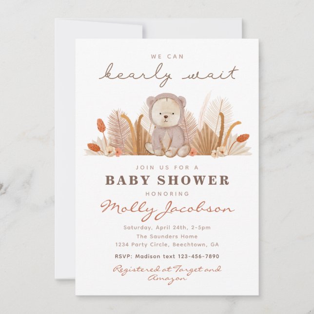 Boho Bear Baby Shower Einladung | Bärendusche (Vorderseite)