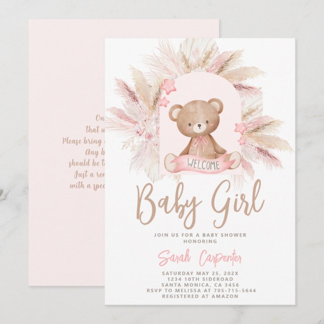 Boho Bear Baby Shower Girl Einladung (Vorne/Hinten)