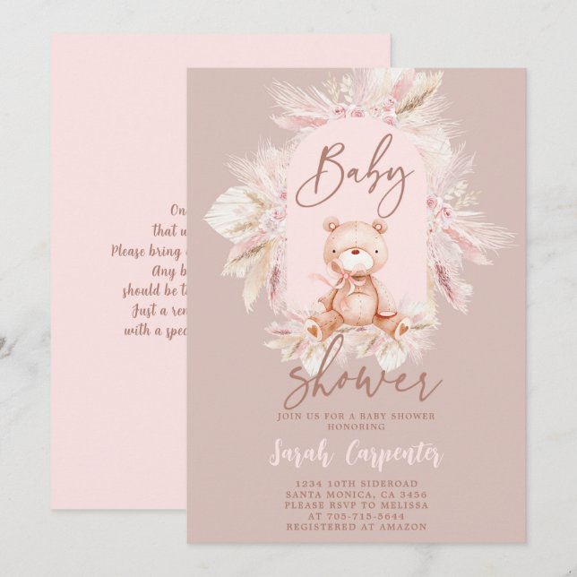 Boho Bear Baby Shower Girl Einladung (Vorne/Hinten)