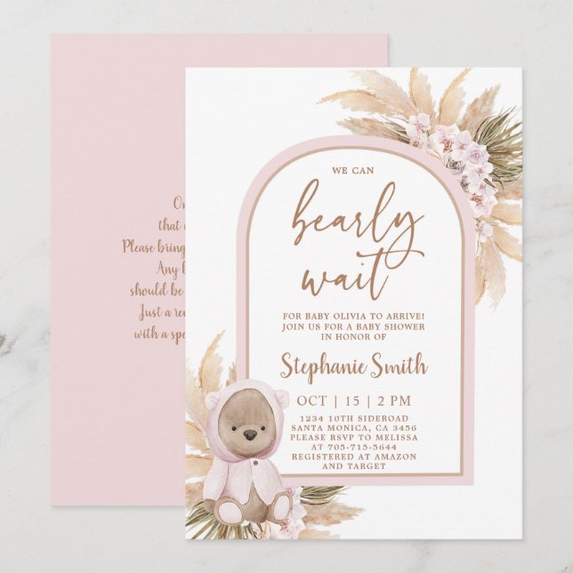 Boho Bear Baby Shower Girl Einladung (Vorne/Hinten)
