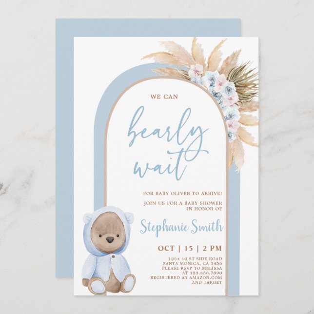 Boho Bear Baby shower Invitation garçon (Devant / Derrière)