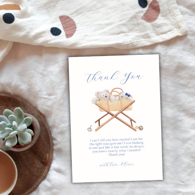 Boho Bear Bassinet Toy Boy Baby Dusche Dankeskarte (Boho Bear Bassinet Toy Boy Baby Shower Thank You Card)