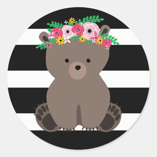 Boho Bear Black + White Stripe Babydusche Runder Aufkleber (Vorderseite)