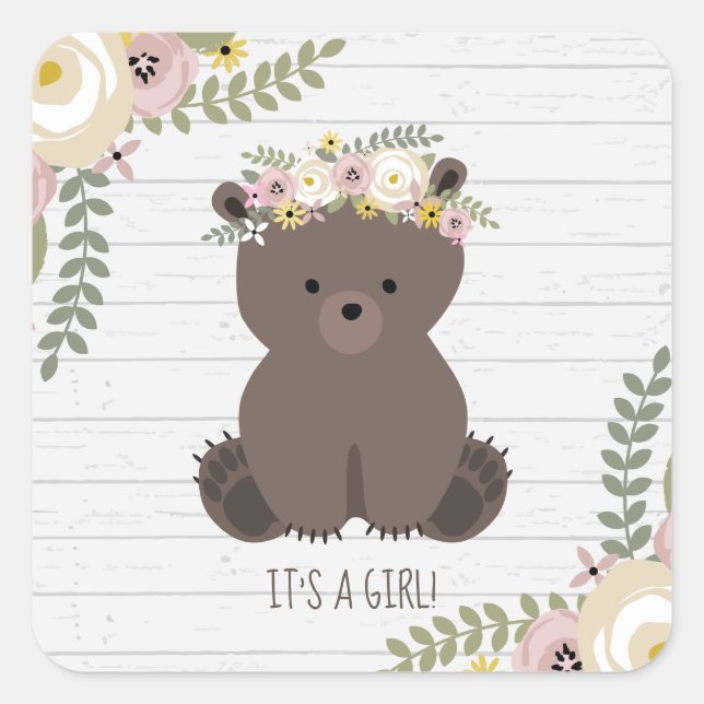Boho Bear Grey Wood Baby Dusche Quadratischer Aufkleber (Vorderseite)