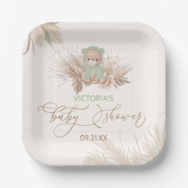 Boho Bear Pampas Baby Dusche Green Pappteller