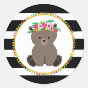 Boho Bear Striped Pompom Inspiriert Babydusche Runder Aufkleber
