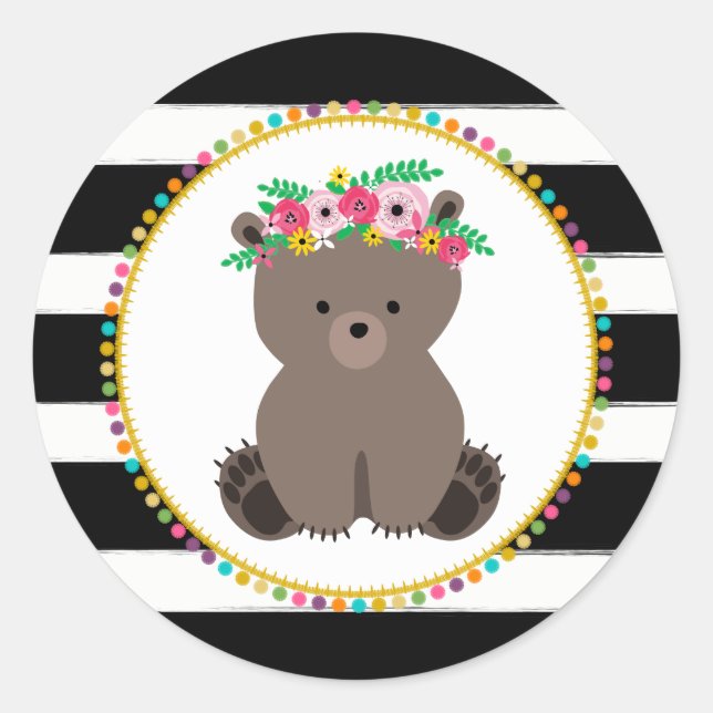 Boho Bear Striped Pompom Inspiriert Babydusche Runder Aufkleber (Vorderseite)