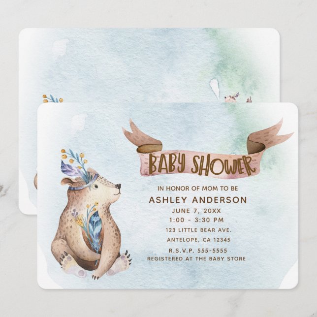Boho Bear Wasserfarbe Rustikale Tiere Kinderdusche Einladung (Vorne/Hinten)