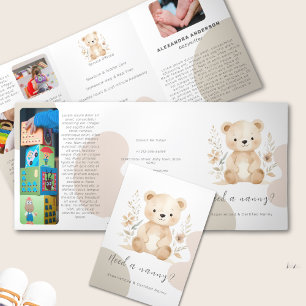Boho Bear Watercolor Babysitter Service Dreifach Gefaltete Karte