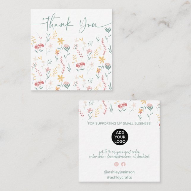 Boho bearbeitbare Blumenmuster Reihenfolge danke Quadratische Visitenkarte (Vorne/Hinten)