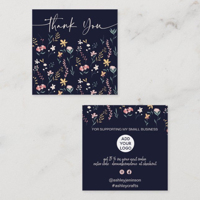 Boho bearbeitbare Blumenmuster Reihenfolge danke Quadratische Visitenkarte (Vorne/Hinten)