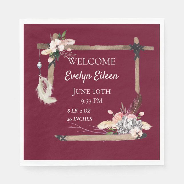 Boho Beautiful Baby Birth Stats Serviette (Vorderseite)