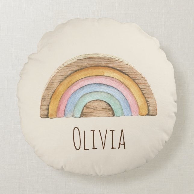 Boho bébé Beige Aquarelle Jouets Coussin rond (Devant)