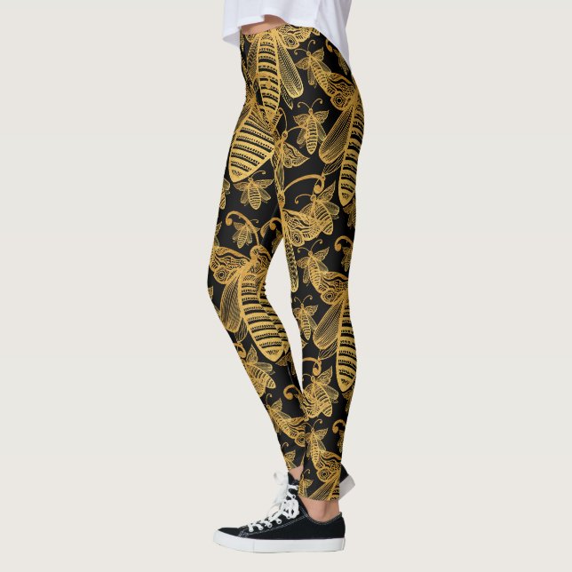 BOHO BEE SWARM Chic Pattern Gold auf schwarzen Leg Leggings (Links)
