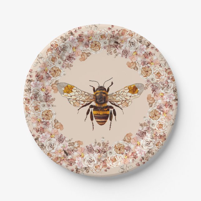 Boho Bee Watercolor Wildblume Pappteller (Vorderseite)