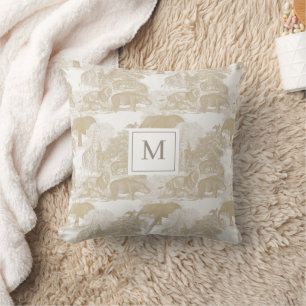 Boho Beige Animals Chinoiserie Baby Boy Monogram Kissen